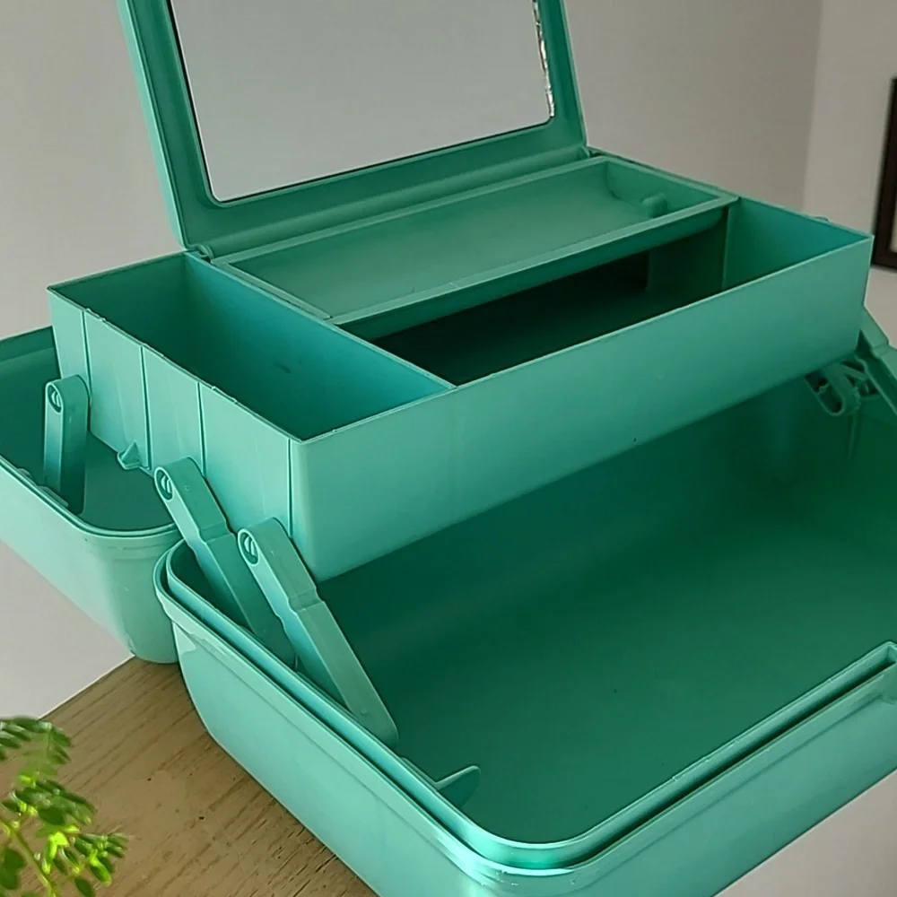 Vintage Caboodles Teal Plastic Storage Box with Handle